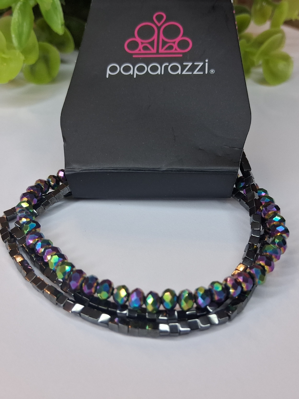 Mutlicolored Oil Spill And Black Stretch Bracelet Set